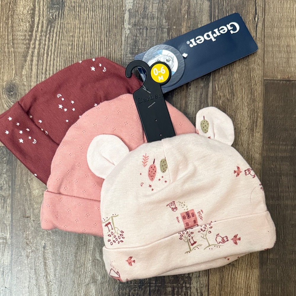 Gerber Baby Hat Set - Red, Pink, and Cream